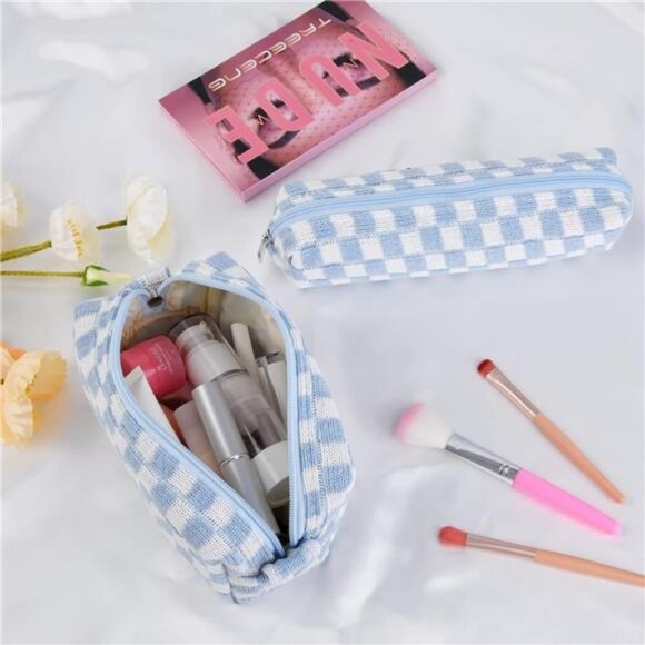 Checkered Cosmetic Bag and Makeup Brush Storage Bag - Large Capacity Organizer - Picture 2 of 8
